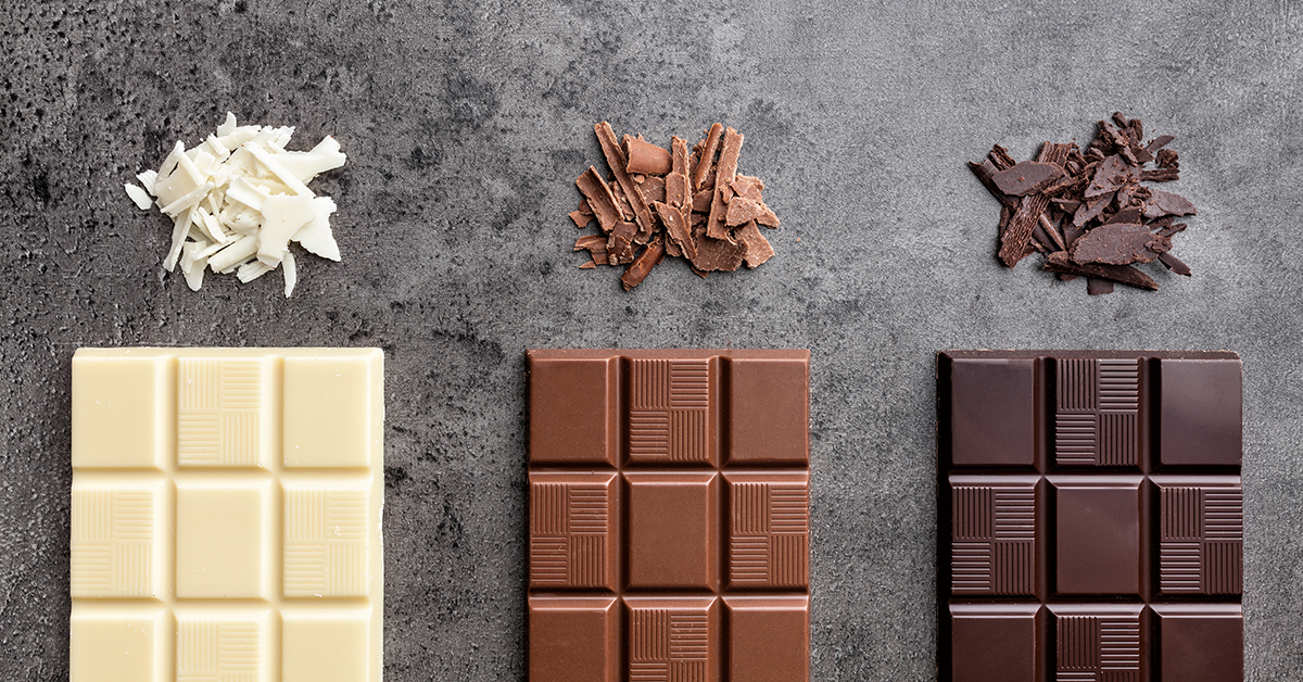 Delicious variety of chocolate on rustic background